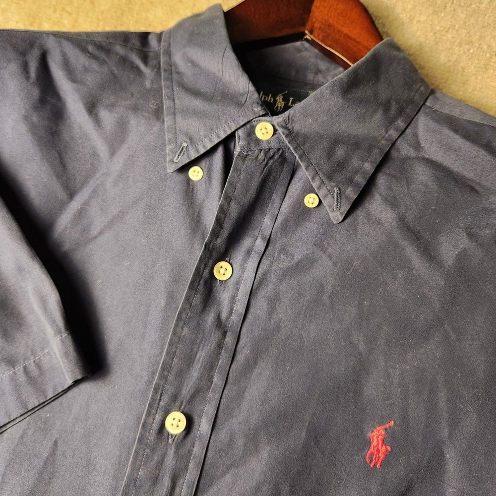 Ralph Lauren Button Down Mens XL Navy Blue Short Sleeve Classic Fit Logo 342